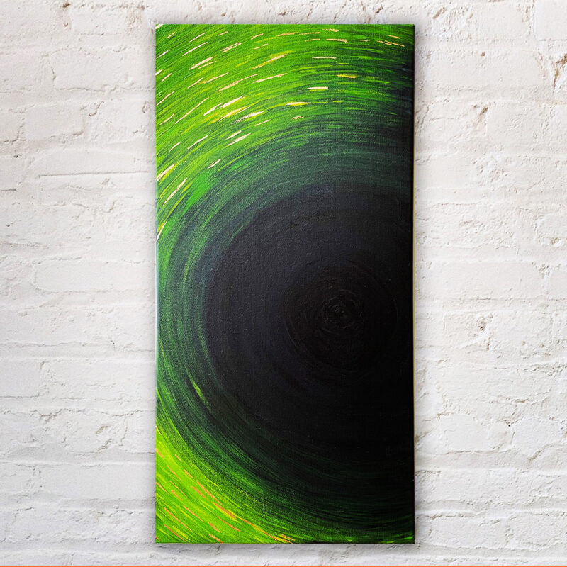 Abstract painting featuring vibrant green shades on black background by Scottish Artist David R