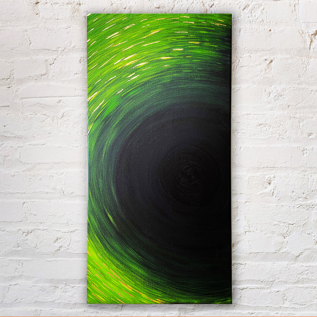 Abstract painting featuring vibrant green shades on black background by Scottish Artist David R